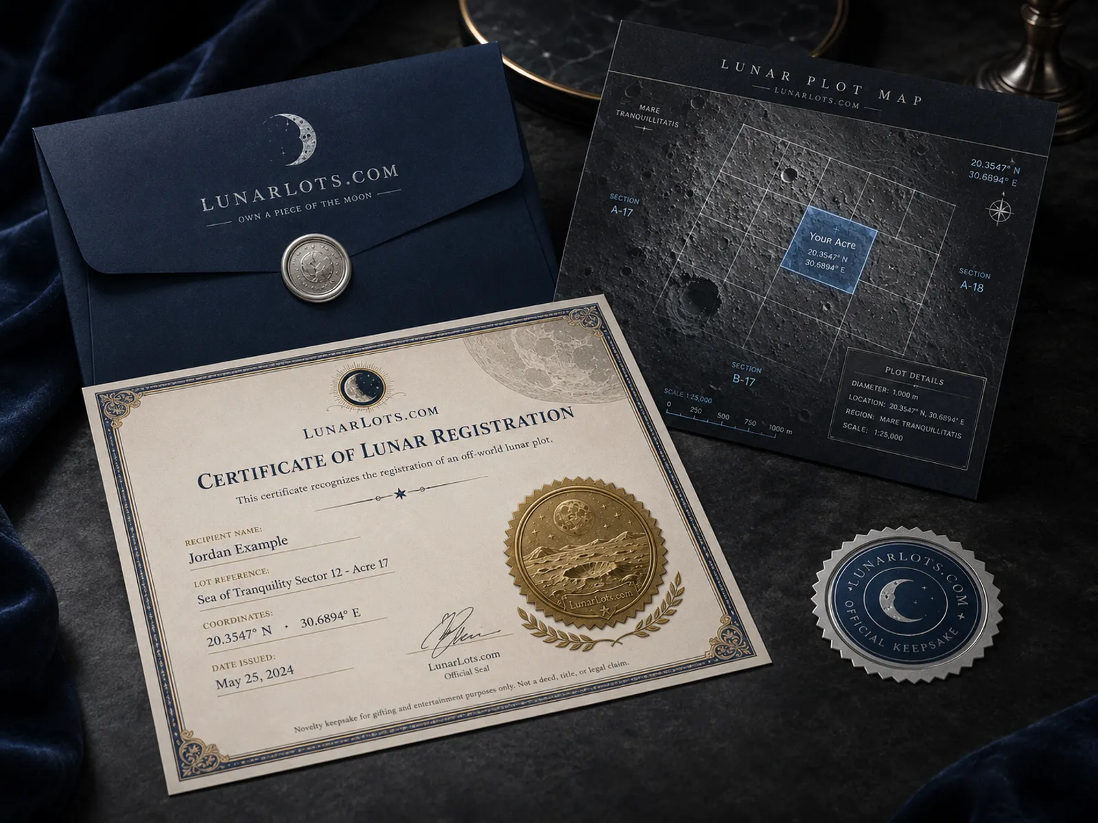 LunarLots certificate of lunar registration with gold seal, plot map and keepsake coin