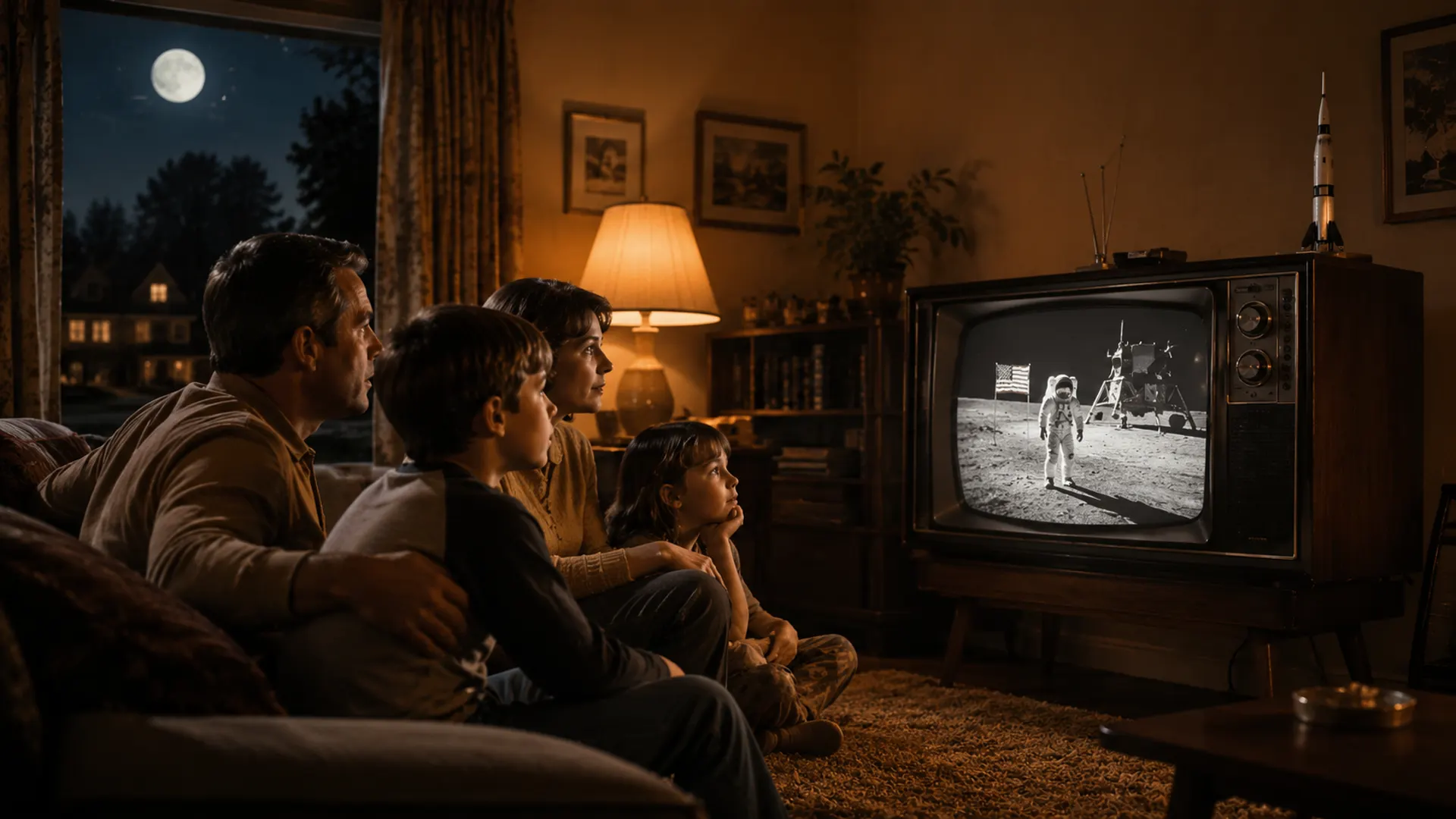 A family gathered around a vintage television watching the first Moon landing