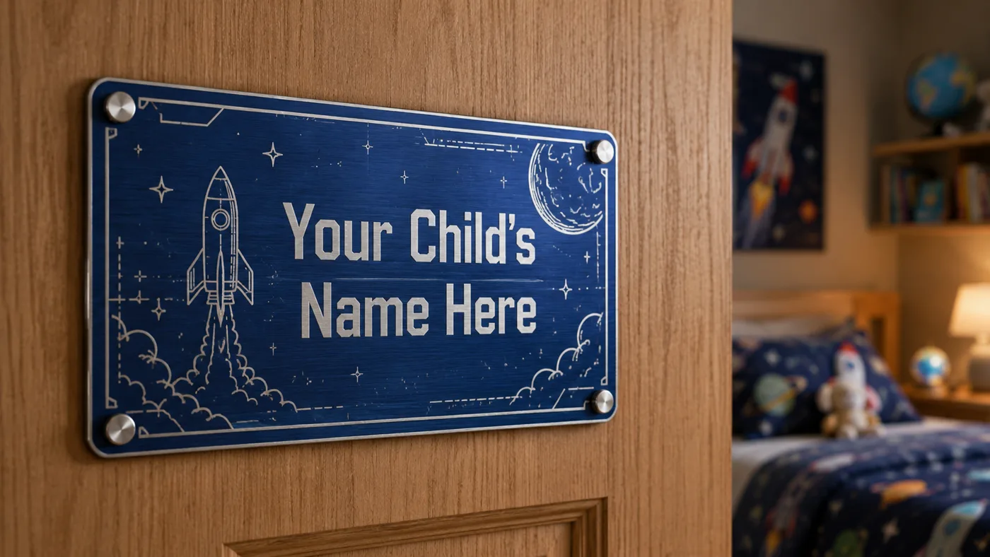 Blue anodized aluminum children's door plate, laser etched with a launching rocket and moon