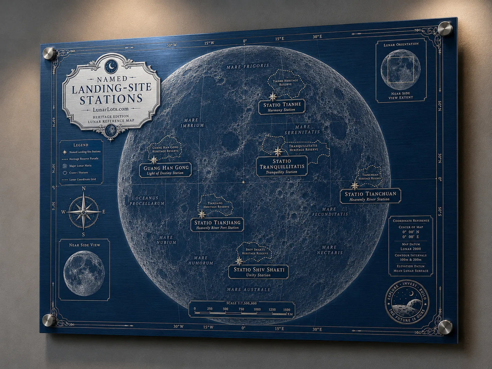 Blue powder-coated aluminum lunar map, laser etched, mounted on a wall with stainless standoffs
